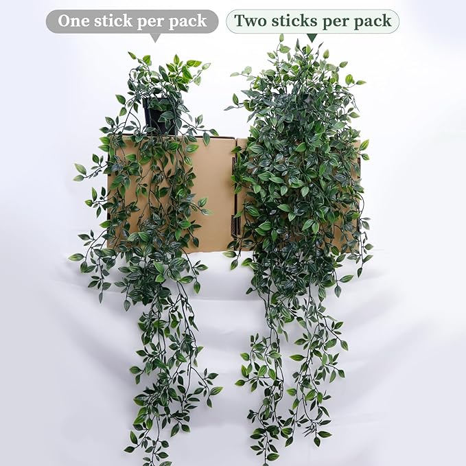 Artificial Hanging Plants for Shelf, 2-Pack Fake Potted Greenery Faux Mandala and Pothos Ivy Vines in Black Pot, Décor for Office Living Room Bathroom Indoor Outdoor