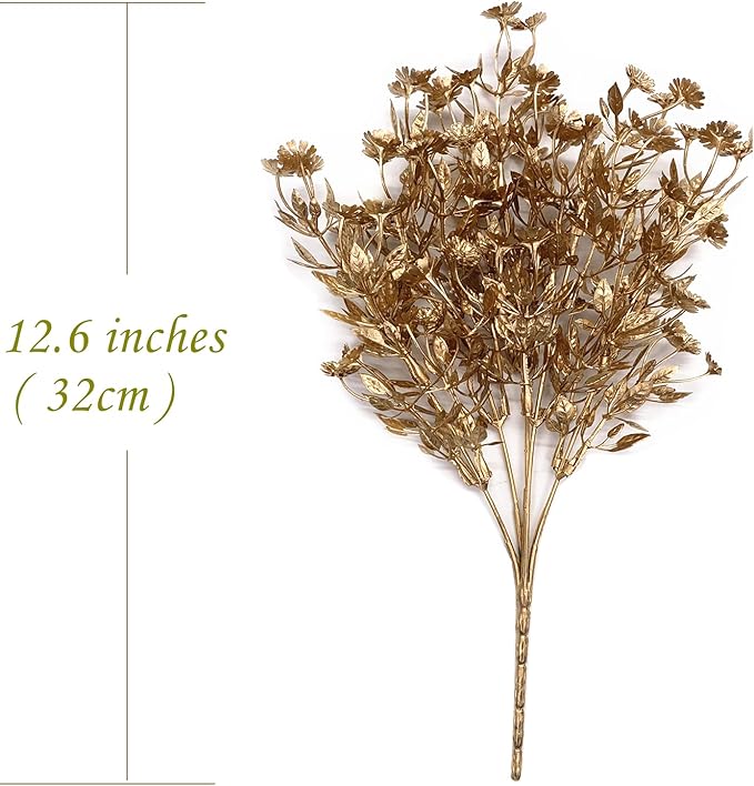 PASYOU Artificial Gold Flowers, Plastic Simulation Plants Golden Daisy Leaves Faux Shrubs for Indoor Outdoor Home Garden Planter Filler Party Hotel Verandah Wedding DIY Decoration 4 Pack