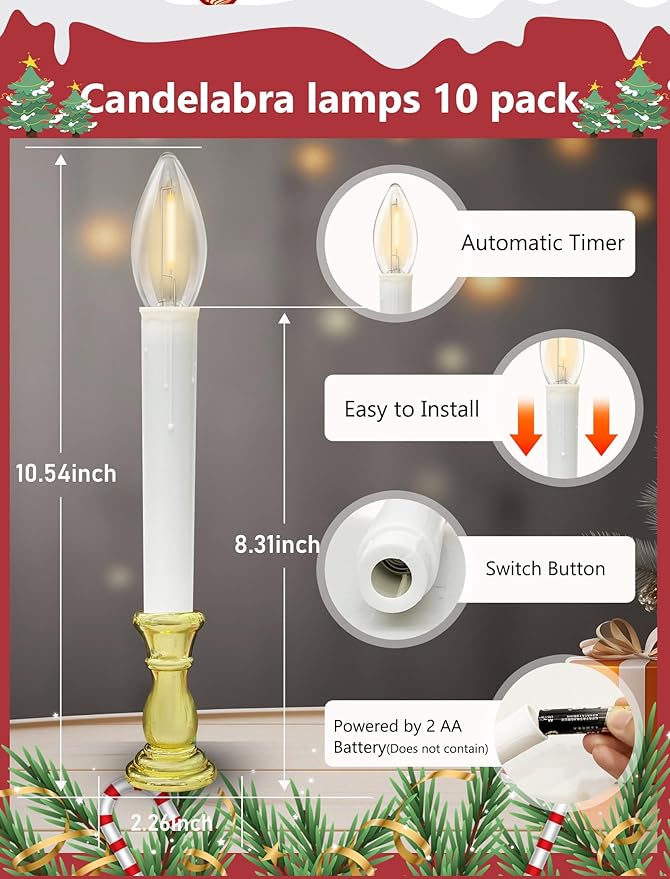 10 Pack Christmas Window Candles Lights, Battery Operated Flameless Candles with C26 LED Bulbs, 6-18H Timed Christmas Electric Candle Holders for Indoor Window Wedding Party Xmas Decor, Gold Base