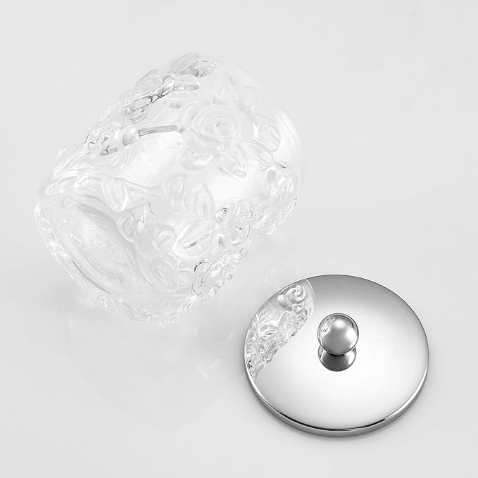 Clear Transparent Apothecary Floral Embossed Glass Jar With Silver/Chrome Metal Lid Cover for Bathroom Organization, Cotton Balls, Q Tips, and Small Accessories, Bathroom Storage