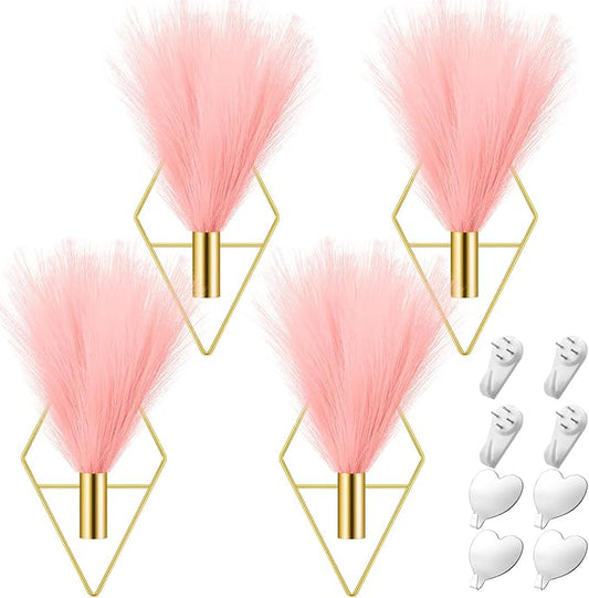 Hanaive 4 Sets Boho Gold Wall Decor Metal Wall Art Hanging Planters with Artificial Pampas Display Art Modern Home Metal Vase for Bedroom Living Room Home Office(Gold, Pink)