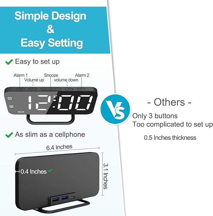 Slim LED Digital Alarm Clock, Mirror Surface for Makeup, with Diming, Large Display, Easy Setting, USB Ports, Modern Decor for Bedroom, Desk, Idea Holiday Gift for Women, Sister, College Girl, Black