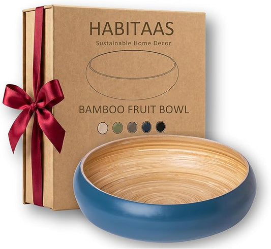 Fruit Bowl For Kitchen Counter, Decorative Bowl, Large Serving Bowl Or Fruit Basket For Kitchen Spun Bamboo (Blue)