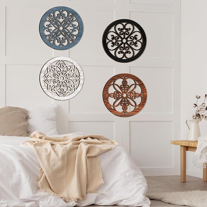 Yulejo 4 Pcs Thicken Rustic Wall Decor Farmhouse Kitchen Wall Round Art Wooden Hollow Carved Design Rustic Art for Living Room Bedroom Hallway Decor (15.7 x 15.7 Inch,Assorted Color)