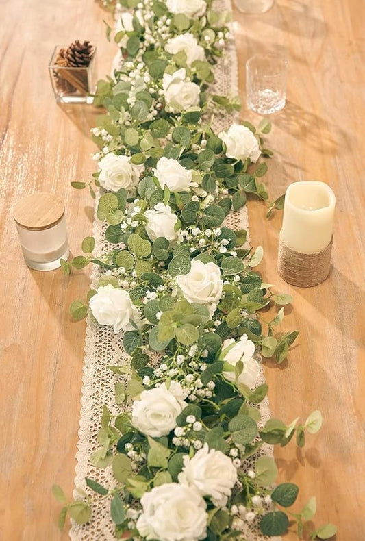 Anna's Whimsy 2PCS 5.91FT Artificial Eucalyptus Garland with Flowers, Fake Rose Gypsophila Garland, Faux Floral Greenery Garlands for Wedding Spring Home Party Table Runner Decor（White）