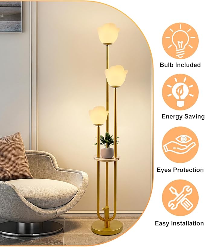 Lightdot 63IN Floral Floor Lamp 3-Lights Flower LED Floor Lamps with 3000K Bulbs Included Candle Holder Style for Wedding Party Modern Gold Tall Floor Lamp for Living Room/Sofa Beside/Corner Decor