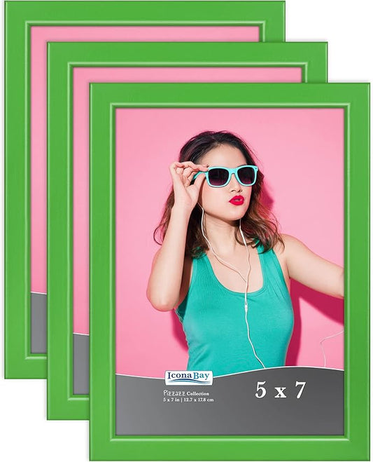 Icona Bay 5x7 Picture Frames (Green, 3 Pack), Colored Solid Wood Scandinavian Style Frames for Photo, Pizzazz Collection