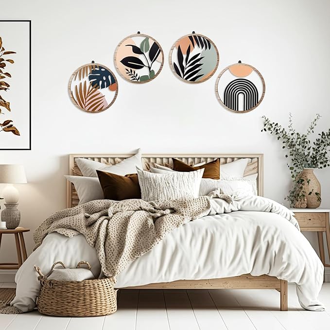 Qunclay 4 Pcs Boho Wall Art Bohemian Wooden Round Circle Wall Decor Hollow out Hanging Farmhouse Aesthetic for Bedroom Living Room Bathroom Bedroom Bathroom Patio Apartment Gift 10 Inch(Elegant)