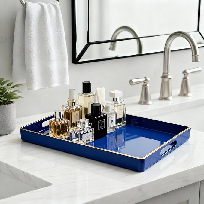 Zosenley Decorative Tray, Rectangular Plastic Tray with Handles, Modern Vanity Tray and Serving Tray for Bathroom, Kitchen, Ottoman and Coffee Table, 15.6” x 10.2” (Drak Blue)