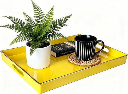 Zosenley Decorative Plastic Serving Tray with Handles, Modern Vanity Organizer for Bathroom, Kitchen, Ottoman and Coffee Table (Yellow, Rectangular)