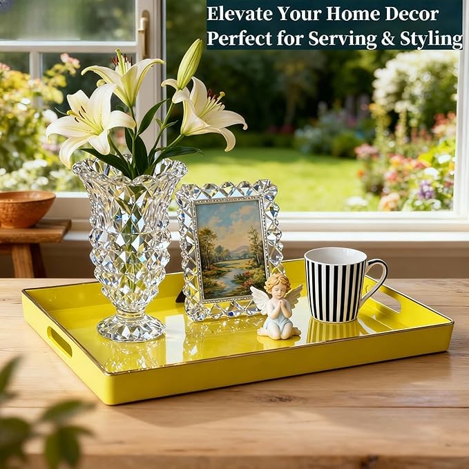 Zosenley Decorative Plastic Serving Tray with Handles, Modern Vanity Organizer for Bathroom, Kitchen, Ottoman and Coffee Table (Yellow, Rectangular)