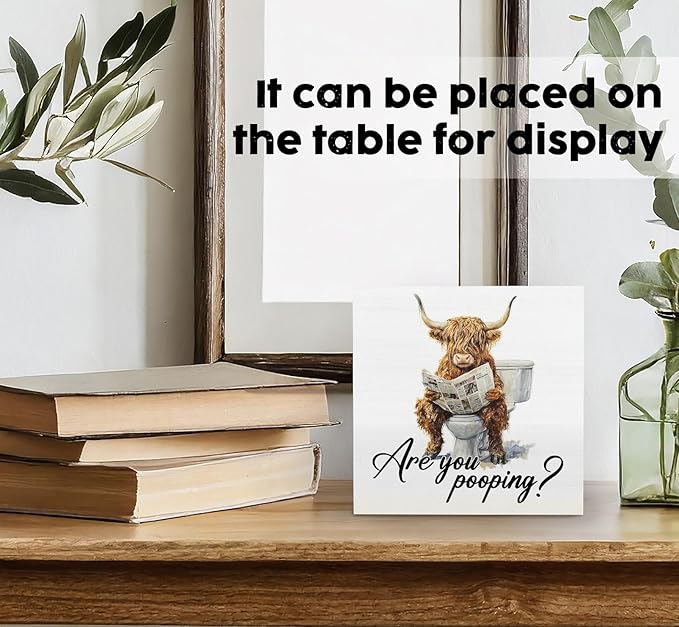 Funny Highland Cow Bathroom Sign, Funny Bathroom Decor, Western Highland Cow Reading Newspaper Wood Decoration Bath Room Decor for Washroom Toilet Counter Shelf Table 5x5 Inch