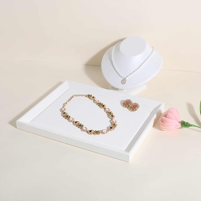 GemeShou Gemehou faux PU leather Jewelry Viewing Tray, Stackable Jewelry Plate, Rectangle Jewelry showcase, Empty Jewelry tray for Necklace Bracelet Ring Earring Watch (White-Medium, 11.8 x 9.1 in)