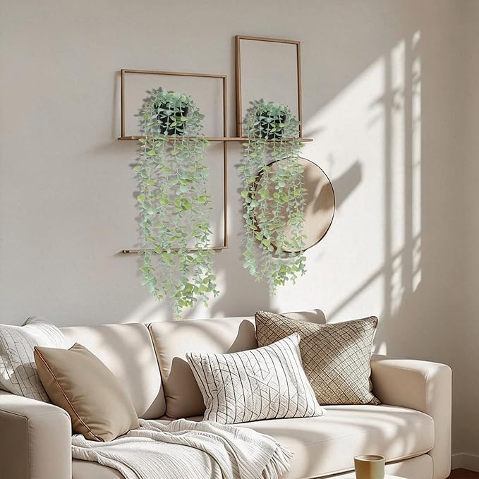 echosari 2 PCS Fake Hanging Plants, Artificial Potted Plants Eucalyptus, Greenery Faux Plants Indoor for Modern Boho Home Bedroom Wall Book Shelf Decor