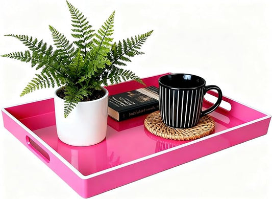 Zosenley Decorative Tray, Rectangular Plastic Tray with Handles, Modern Vanity Tray and Serving Tray for Bathroom, Kitchen, Ottoman and Coffee Table, 15.6” x 10.2” (White Border Rose red)