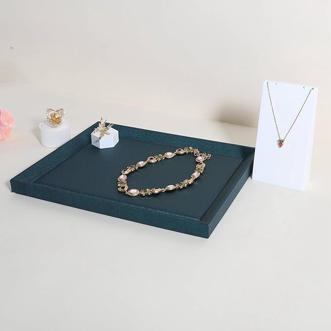 GemeShou Gemehou faux PU leather Jewelry Viewing Tray, Stackable Jewelry Plate, Rectangle Jewelry showcase, Empty Jewelry tray for Necklace Bracelet Ring Earring Watch (Green-Medium, 11.8 x 9.1 in)