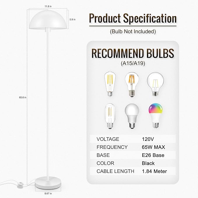 Modern Floor Lamps for Living Room, White Metal Mushroom Lamp, 66" Tall Corner Lamp, Footswitch, Bright Industrial Standing Lamps for Bedroom Nursery, Mid Century Modern Home Decor(E26 Base, NO BULB)