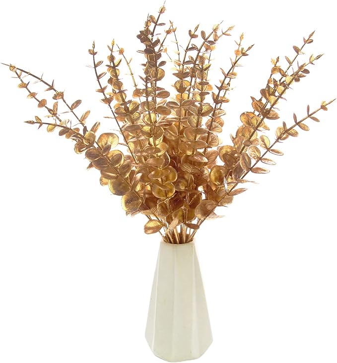 Tinsow 26pcs Artificial Eucalyptus Stems Gold Faux Eucalyptuses Branch Real Touch Leaf Wedding Bouquet Minimalist Fall Home Decor