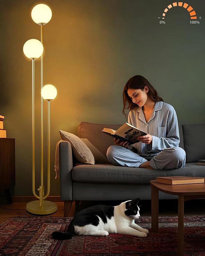 Lightdot 63IN Gold Floor Lamp Dimmable 3-Lights Globe LED Floor Lamps with 3000K Soft Warm White for Wedding/Party Candle Holder Style Tall Lamp for Living Room/Bedroom/Sofa Beside/Corner Decor