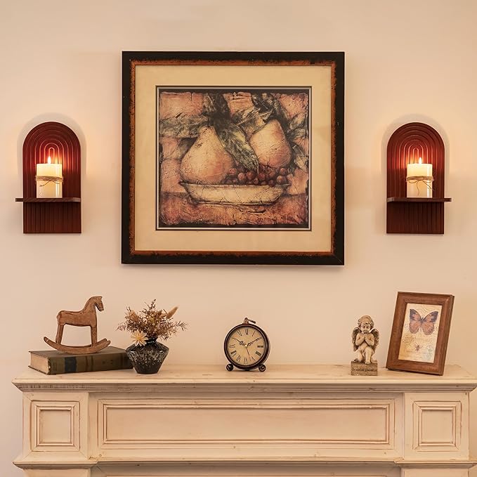 Mid Century Modern Candle Sconces: Set of 2 Walnut Boho Wall Candle Holder Decor for Living Room Fireplace - Arch Candle Shelf for Plants Pillars Candles