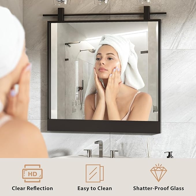 Black Bathroom Mirror 24" x 24" Square Matte Black Rustic Rectangle Metal Framed Barn Door Farmhouse Bathroom Vanity Mirror for Over Sink, Foyer Entryway Decor