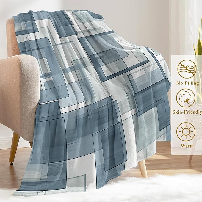 Modern Geometric Throw Blanket 40x50 in, Stylish Blue White Blankets for Couch Bedroom Living Room Indoor Decor, Lightweight Soft Cozy Bedding Birthday Gift for Kids Boys Adults