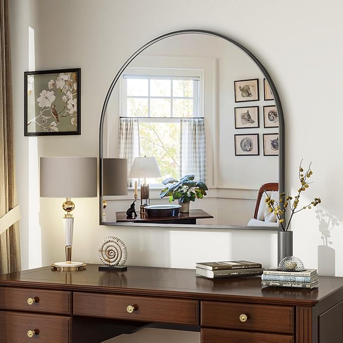 VooBang Wide Arched Wall Mirror, 31 x 32 inch Arch Bathroom Mirror, Wall Mounted Vanity Mirror with Arch Metal Frame, Modern Bathroom Vanity Mirror for Bedroom, Living Room, Hanging or Leaning, Black
