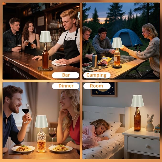 Rechargeable Wireless Bottle Lamp - 3 Color Stepless Dimmable, Metallic Beige Lampshade, 12H Bright Light or 96H Soft Glow, Ideal for Home Décor, Parties, Bar