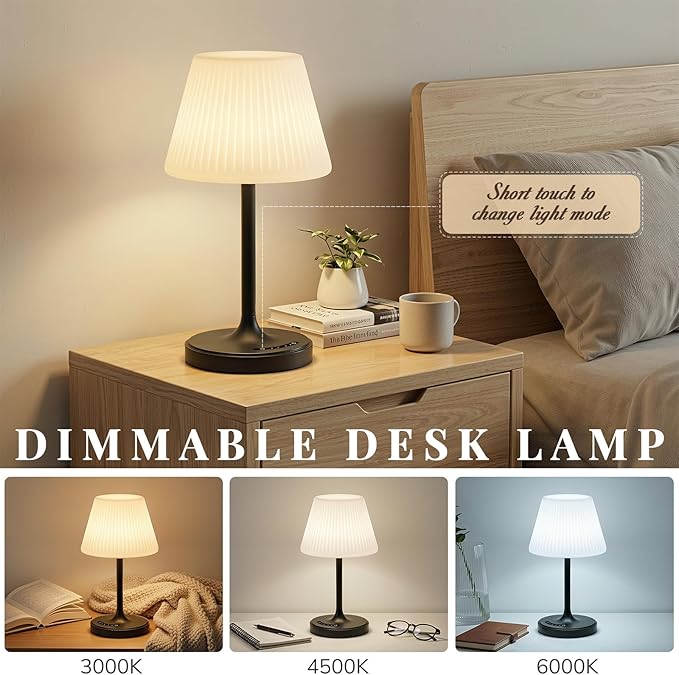 Cordless Table Lamp, Waterproof Shower Lamp, 4000mAh Rechargeable Table Lamps, 3-Color Dimmable Light, Battery Operated Lamp Desk Night Lamp for Bathroom Bedroom Patio Camping Restaurant (Black)