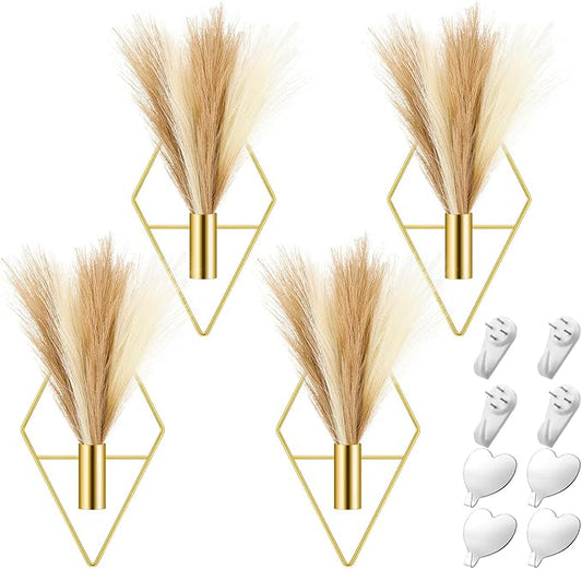 Hanaive 4 Sets Boho Gold Wall Decor Metal Wall Art Hanging Planters with Artificial Pampas Display Art Modern Home Metal Vase for Bedroom Living Room Home Office(Gold, Beige, Dark Coffee)