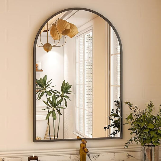 VooBang Arched Wall Mirror, 38 x 26 inch Arch Bathroom Mirror, Wall Mounted Vanity Mirror with Arch Metal Frame, Modern Bathroom Vanity Mirror for Bedroom, Living Room, Hanging or Leaning, Black