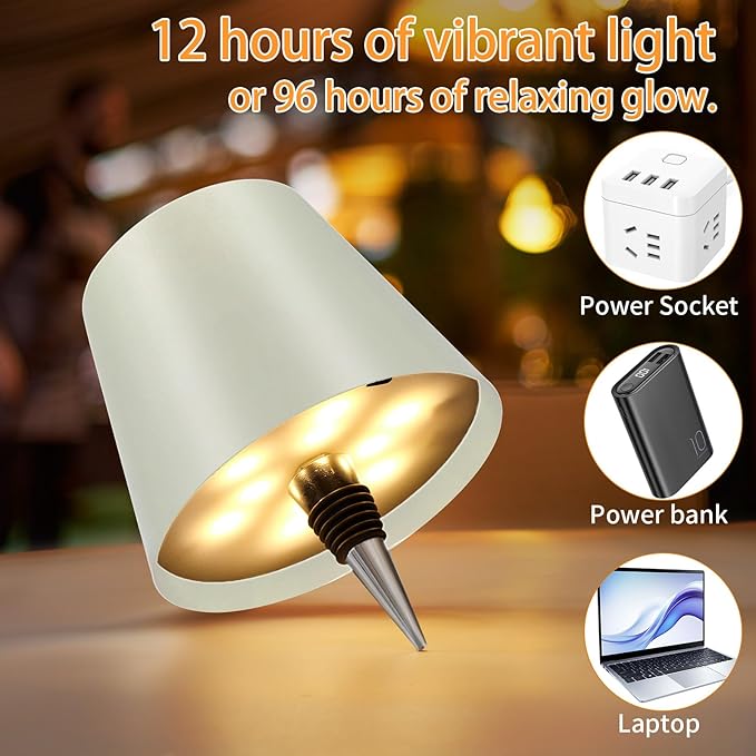 Rechargeable Wireless Bottle Lamp - 3 Color Stepless Dimmable, Metallic Beige Lampshade, 12H Bright Light or 96H Soft Glow, Ideal for Home Décor, Parties, Bar