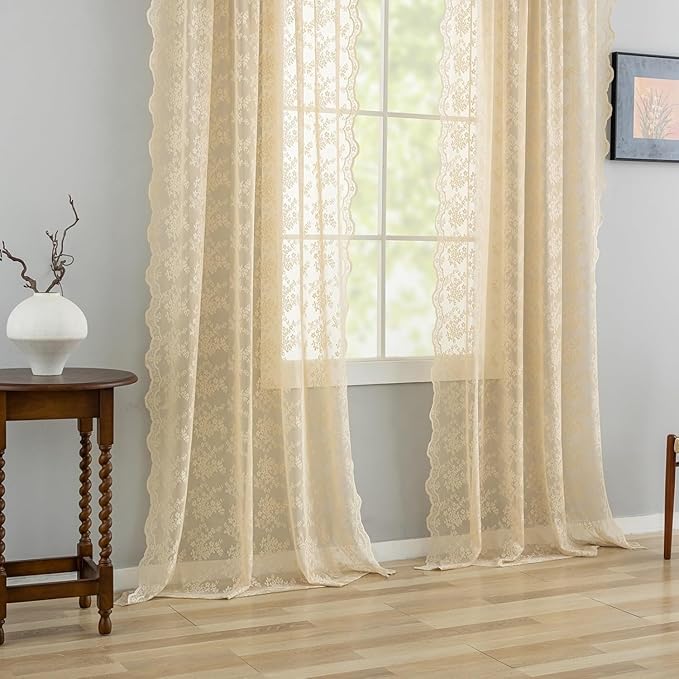 Beige 102 inch Long Curtains 2 Panels Victorian Sheer Lace Curtains for Living Room Home Office Light Filtering Window Treatments Ceiling to Floor for Large Window W52 X L102 Light Beige