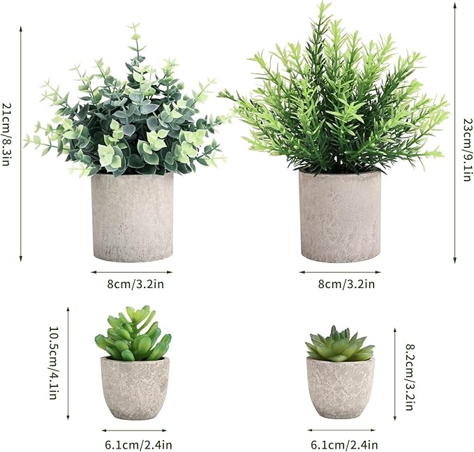 CEWOR 4 Pack Small Fake Plants Eucalyptus Rosemary Succulents Plants Artificial in Pots for Shelf Artificial Greenery Eucalyptus Plant Indoor for Home Bedroom Living Room Decoration