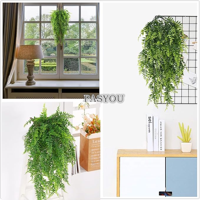 Artificial Boston Hanging Plants, Fake Ferns Ivy Plastic Plant Vine Faux Leaves UV Resistant Vines Greenery for Indoor Outdoor Bathroom Decor Office Garden Party Wedding DIY Decoration 4 Pack