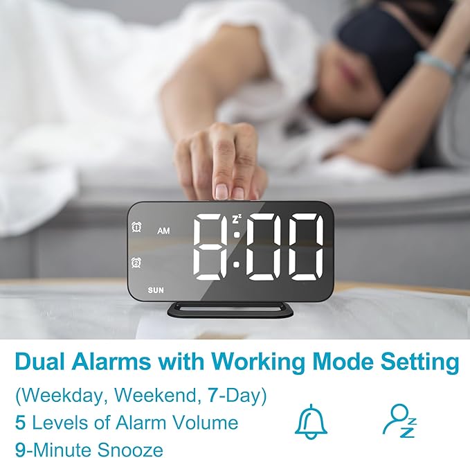 Slim LED Digital Alarm Clock, Mirror Surface for Makeup, with Diming, Large Display, Easy Setting, USB Ports, Modern Decor for Bedroom, Desk, Idea Holiday Gift for Women, Sister, College Girl, Black