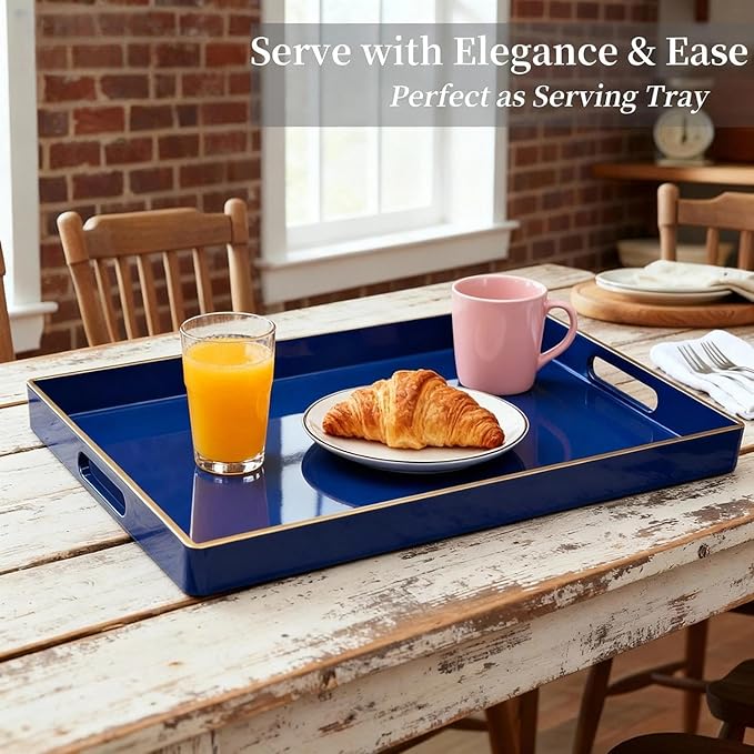 Zosenley Decorative Tray, Rectangular Plastic Tray with Handles, Modern Vanity Tray and Serving Tray for Bathroom, Kitchen, Ottoman and Coffee Table, 15.6” x 10.2” (Drak Blue)