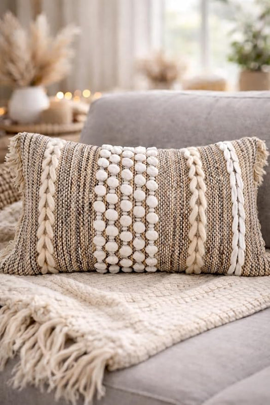 Decorative Boho-Chic Lumbar Pillow Cover 12x20 Premium Handwoven Tufted Cotton &Wool Accent Pillows, Earthy Color Throw Cushion, Farmhouse & Bohemian Home Decor (Limited Edition Cover Only)