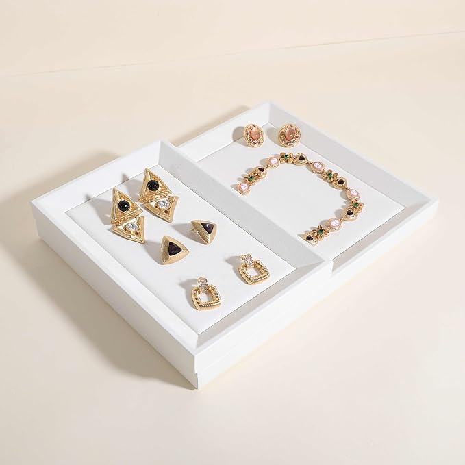 Gemehou Faux PU Leather Jewelry Viewing Tray, Stackable Jewelry Plate, Rectangle Jewelry Showcase, Empty Jewelry Tray for Necklace Bracelet Ring Earring Watch (White-Small, 9.1 x 5.9 in)