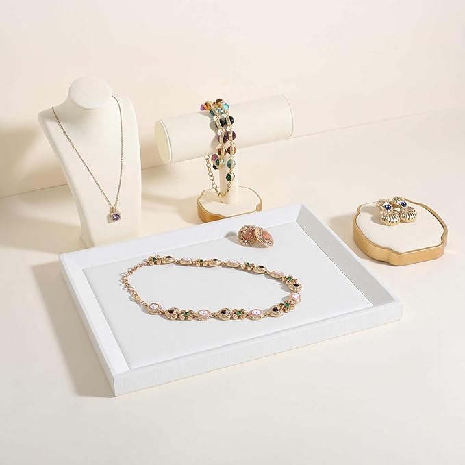 GemeShou Gemehou faux PU leather Jewelry Viewing Tray, Stackable Jewelry Plate, Rectangle Jewelry showcase, Empty Jewelry tray for Necklace Bracelet Ring Earring Watch (White-Medium, 11.8 x 9.1 in)