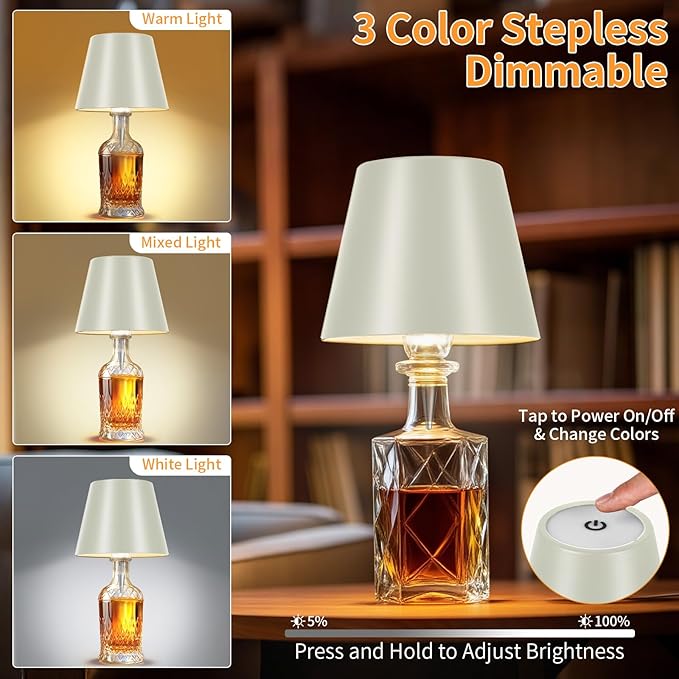 Rechargeable Wireless Bottle Lamp - 3 Color Stepless Dimmable, Metallic Beige Lampshade, 12H Bright Light or 96H Soft Glow, Ideal for Home Décor, Parties, Bar
