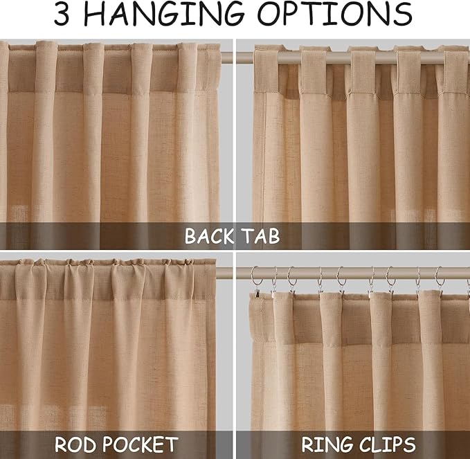 Nanspring Camel Linen Curtains for Living Room 95 Inches Long Back Tab and Rod Pocket Light Filtering Semi Sheer Vintage Rustic Curtain Luxury Boho Decor Drapes for Bedroom Office 52x95, 2 Panels