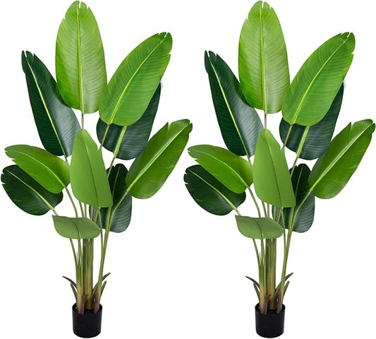 Artificial Bird of Paradise Plant 5.2Ft Fake Tropical Palm Tree with 10Trunks Faux Banana Leaf Trees in Pot for Home Indoor Outdoor Office Modern Decor Housewarming Gift（2Pcs）