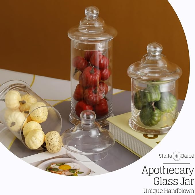 Set of 3 Apothecary Jars Glass, Apothecary Jars with Lids Bathroom, Clear Candy Jar Set, Decorative Jar for Party, Wedding and Home Decor (Height: 11", 8.5", 7.5"; Diameter: 5")
