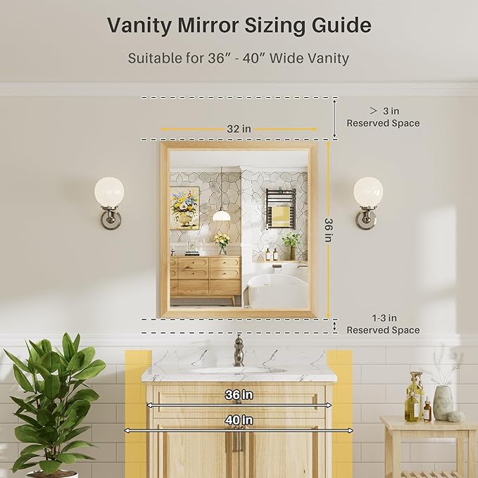 36x32 Inch Bathroom Mirror for Wall, Anti-Rust Oak Wood Grain Metal Framed Bathroom Mirrors for Over Sink,Rectangler Mirrors for Bathroom Vanity, Farmhouse, Bedroom, Living Room, Entryway Decor