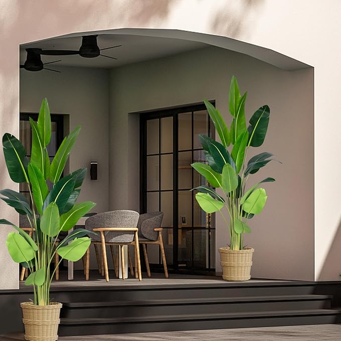 Artificial Bird of Paradise Plant 8Ft Fake Tropical Palm Tree with 18Trunks Faux Banana Leaf Trees in Pot for Home Indoor Outdoor Office Modern Decor Housewarming Gift（2Pcs）