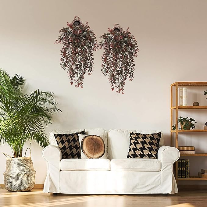 Artificial Hanging Ivy, Fake Reddish Brown Leaves Vines Plastic Plants Greenery UV Resistant Plant for Indoor Outdoor Garden Office Bathroom Decor Wedding Party Baskets DIY Decoration Red 2 Pack