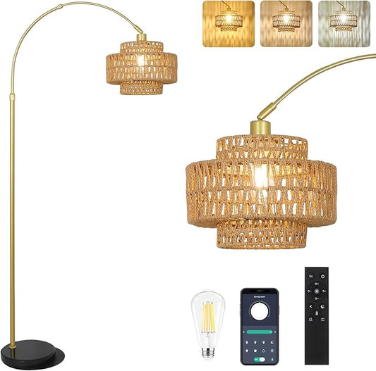 HMVPL Gold Floor Lamp for Living Room, Arched Floor Lamp with Remote, Boho Rattan Standing Lamp with Dimmable Blub, Mid Century Tall Lamp for Bedroom Reading Behind Couch Office (Height Adjustable)