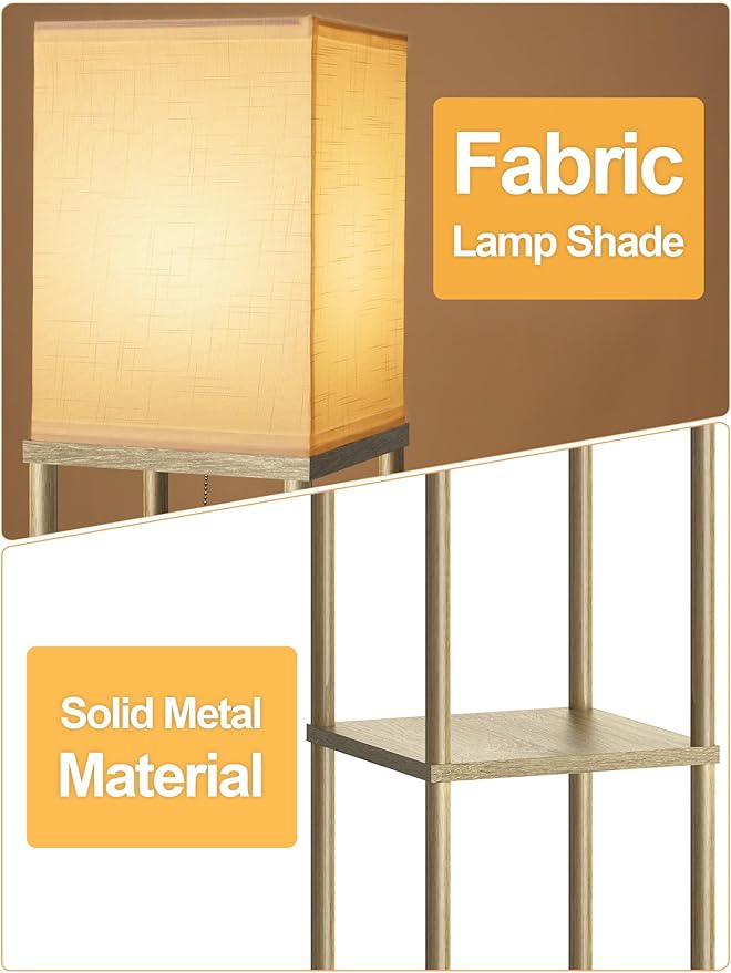 Floor Lamp with Shelves for Living Room Natural Wood, Shelf Floor Lamp with 3 CCT LED Bulb, Corner Display Standing Column Lamp Etagere Organizer Tower Nightstand with White Linen Shade for Bedroom