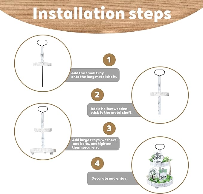 2-Tiered Round Wooden Tray Stand, Rustic Farmhouse Tiered Serving Tray for Home Decor Kitchen & Coffee Bar Centerpiece, Vintage White Wood 2-Tier Display Stand for Desserts, Cupcakes and More (White)